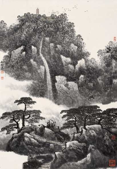秦剑铭 松山飞瀑 立轴